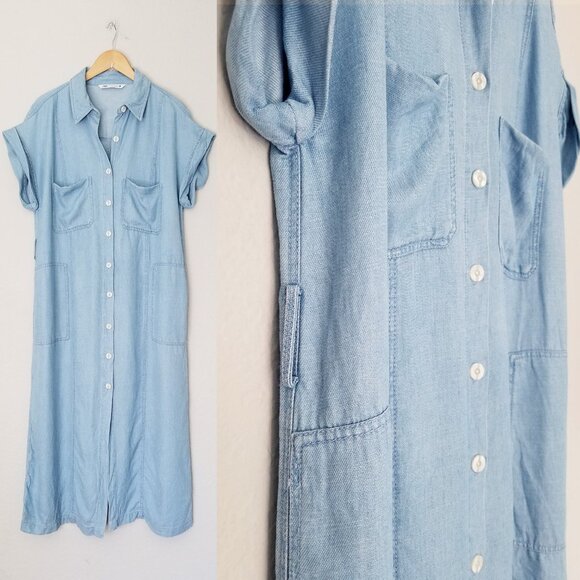 Zara Linen Blend Button Down Blue Chambray Midi Shirt Dress XL Soft Light Denim - Picture 7 of 16